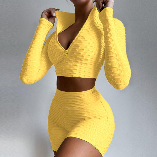 Yellow Textured Long Sleeve Zipper Crop Top and Shorts Yoga Set