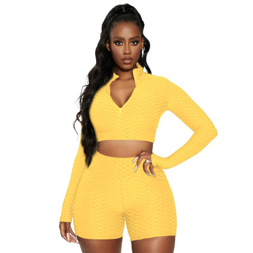 Yellow Textured Long Sleeve Zipper Crop Top and Shorts Yoga Set