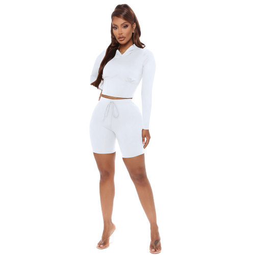 White Sports Hooded Crop Top and Shorts Matching 2pcs Set