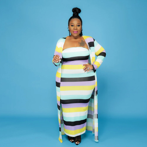 Plus Size Stripes Strapless Maxi Dress and Matching Long Cardigan 2 Pieces