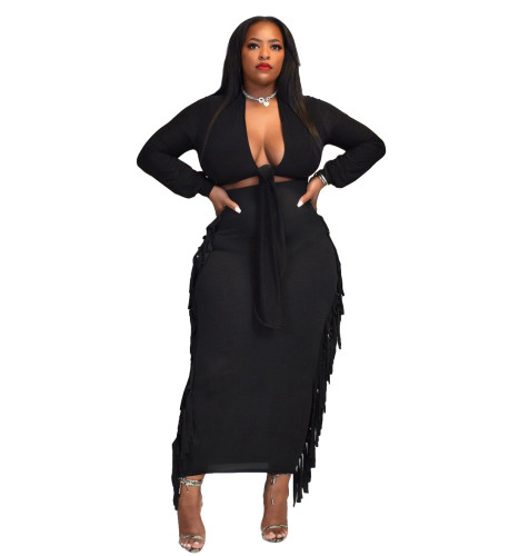 Black Tie Front Crop Top and Tassel Long Skirt Two Pieces