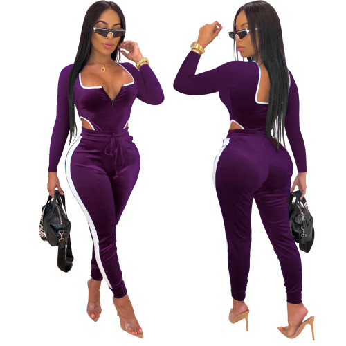 Purple Velvet Side Striped Cut Out Long Sleeve Jumpsuit