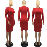 Red Long Sleeve Mock Neck Solid Midi Dress