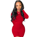 Red Long Sleeve Mock Neck Solid Midi Dress
