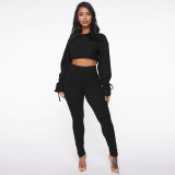 Black Ribbed Tie Cuff Crop Top and High Waist Pants Two Pieces
