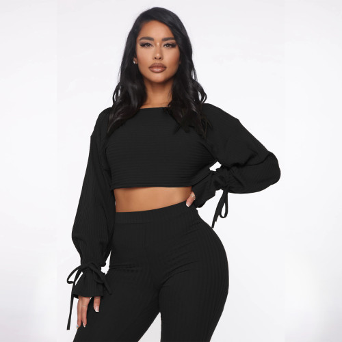 Black Ribbed Tie Cuff Crop Top and High Waist Pants Two Pieces