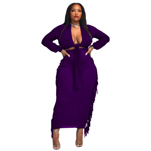 Purple Sexy Tie Front Crop Top and Tassel Long Skirt 2PCS Set