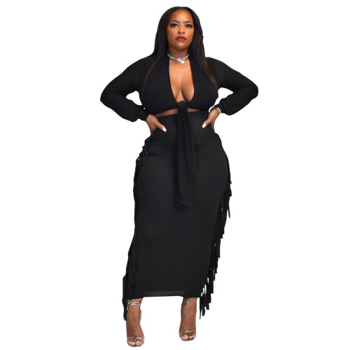 Black Sexy Tie Front Crop Top and Tassel Long Skirt 2PCS Set
