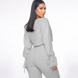 Gray Ribbed Tie Cuff Crop Top and High Waist Pants Two Pieces