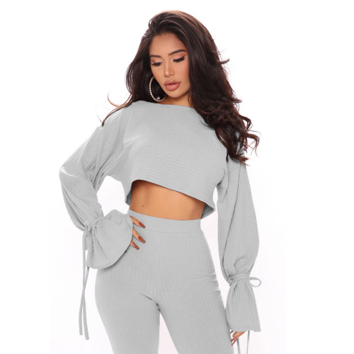 Gray Ribbed Tie Cuff Crop Top and High Waist Pants Two Pieces