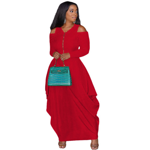 Red Zipper Front Cold Shoulder Irregular Loose Maxi Dress