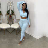 Blue Knitted Zipper Hooded Crop Top and Pants 2PCS Set