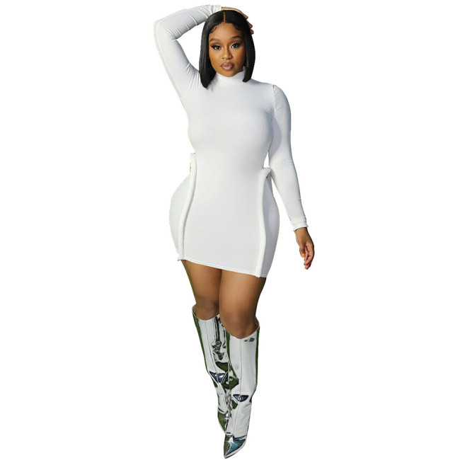 White Long Sleeve Ribbed Bodycon Mini Dress