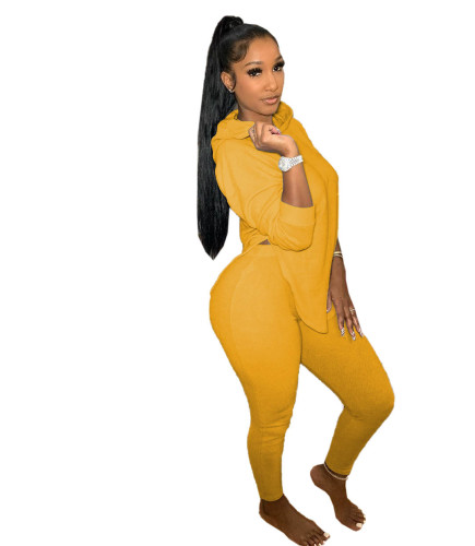 Yellow Slit Hooded Top and Pants Casual Two Piece Set