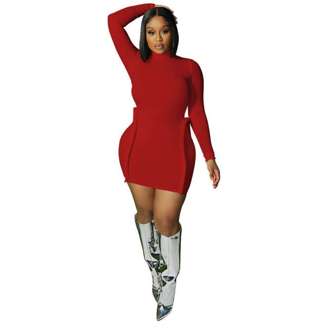 Red Long Sleeve Ribbed Bodycon Mini Dress