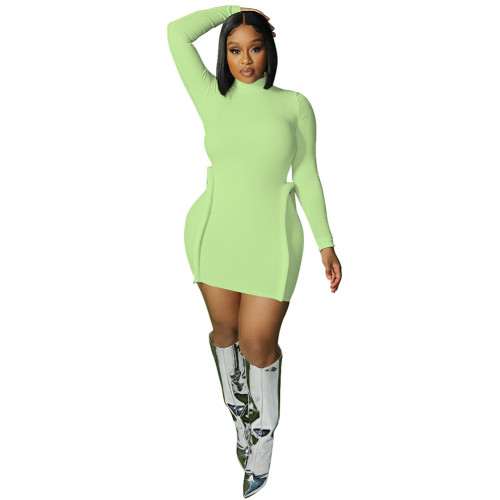 Green Long Sleeve Ribbed Bodycon Mini Dress