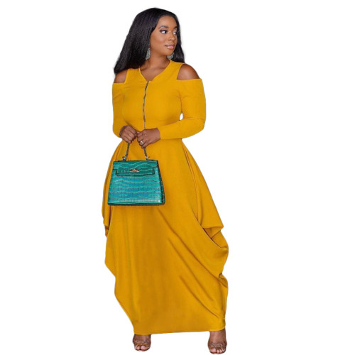 Yellow Zipper Front Cold Shoulder Irregular Loose Maxi Dress