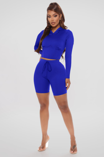Blue Sports Hooded Crop Top and Shorts Matching 2pcs Set