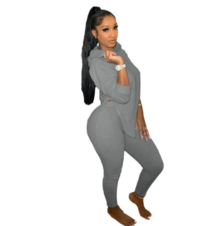 Gray Slit Hooded Top and Pants Casual Two Piece Set