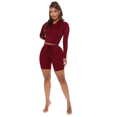 Burgundy Sports Hooded Crop Top and Shorts Matching 2pcs Set