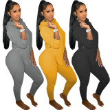 Gray Slit Hooded Top and Pants Casual Two Piece Set