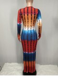Tie Dye Long Sleeves Maxi Bodycon Dress