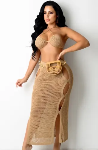 Khaki See Through Halter Kniited Bra and Hollow Out Skirt Two Piece Outfits
