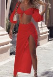 Red Puff Sleeve Crop Top and Asymmetric Long Skirt Two Piece Set