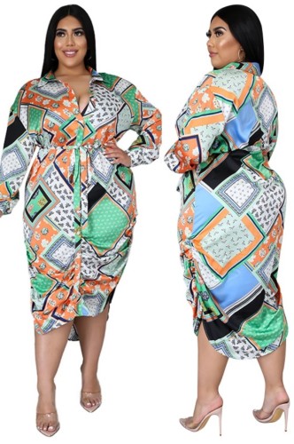 Plus Size Retro Printed Long Sleeve Asymmetric Blouse Dress with Matching Belt
