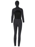 High Neck Bling Bling Long Sleeve Fitted Jumpsuit and Matching Hoods Two Piece Set