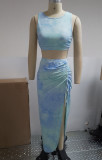 Tie Dye Blue Sleeveless Crop Top and Asymmetric Maxi Skirt Two Piece Set