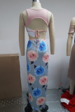Pink Sleeveless Crop Top and Irregular Floral Long Skirt Two Piece Set