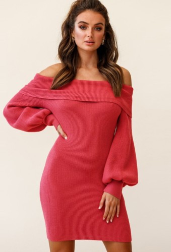 Red Off Shoulder Bubble Sleeve Knitted Slinky Dress