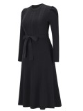 Black Knit Long Sleeves O-Neck Dress with Belt