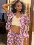 Floral Purple Short Sleeve Blouse and Shorts Two Piece Set