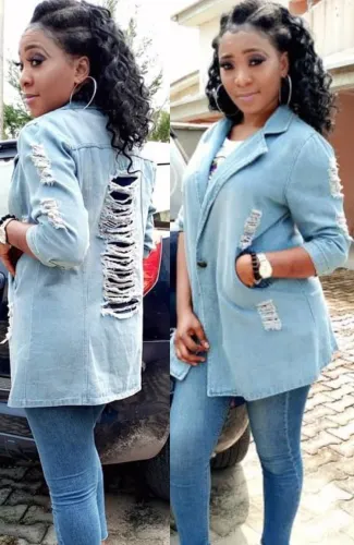 Blue Long Sleeve Distressed Turndown Collar Denim Blazer