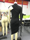 Black One Shoulder Stacked Irregular Midi Dress