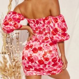 Red Floral Print Off Shoulder Bubble Sleeve Bodycon Mini Dress