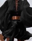 Black Bubble Sleeves Ruffles Irregular Short Dress with Belt