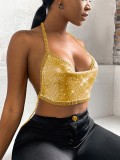 Gold Sequin Chains Halter Backless Crop Tops