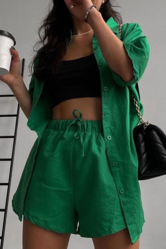 Green Short Sleeve Long Blouse and Shorts Two Piece Set