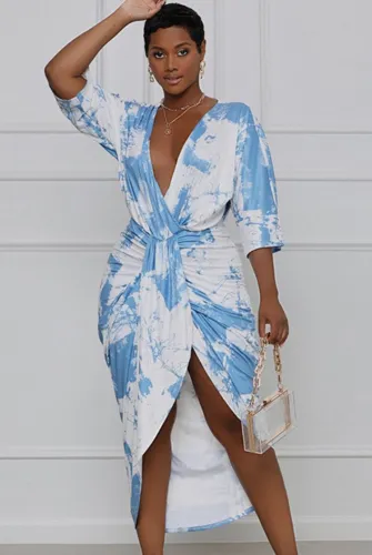 Tie Dye Half Sleeve Deep-V Twist Irrgular Dress