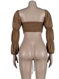Brown Bubble Sleeve Cut Out Crop Top
