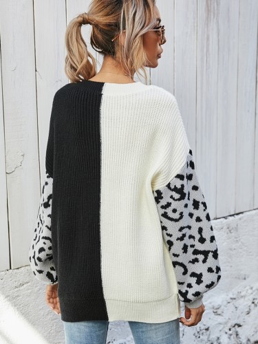 Color Block V-Neck Drop Shoulder Leopard Sleeves Pullover Sweater