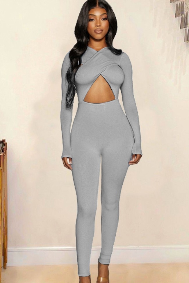 Grey Cut Out Long Sleeve Criss Cross Bodycon Jumpsuit