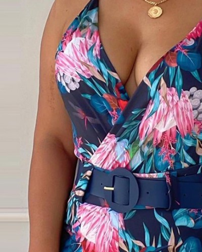 Floral Blue Cami Rompers with Matching Belt