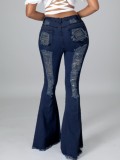 Casual Dark Blue High Waist Ripped Flare Jeans
