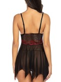 Red Lace Patch Irregular See Through Mesh Cami Dress with Panty Two Piece Set