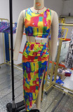 Multicolor Sleeveless Crop Top and Asymmetric Maxi Skirt Two Piece Set