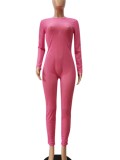 Pink See Through Long Sleeves O-Neck Slinky Jumpsuit
